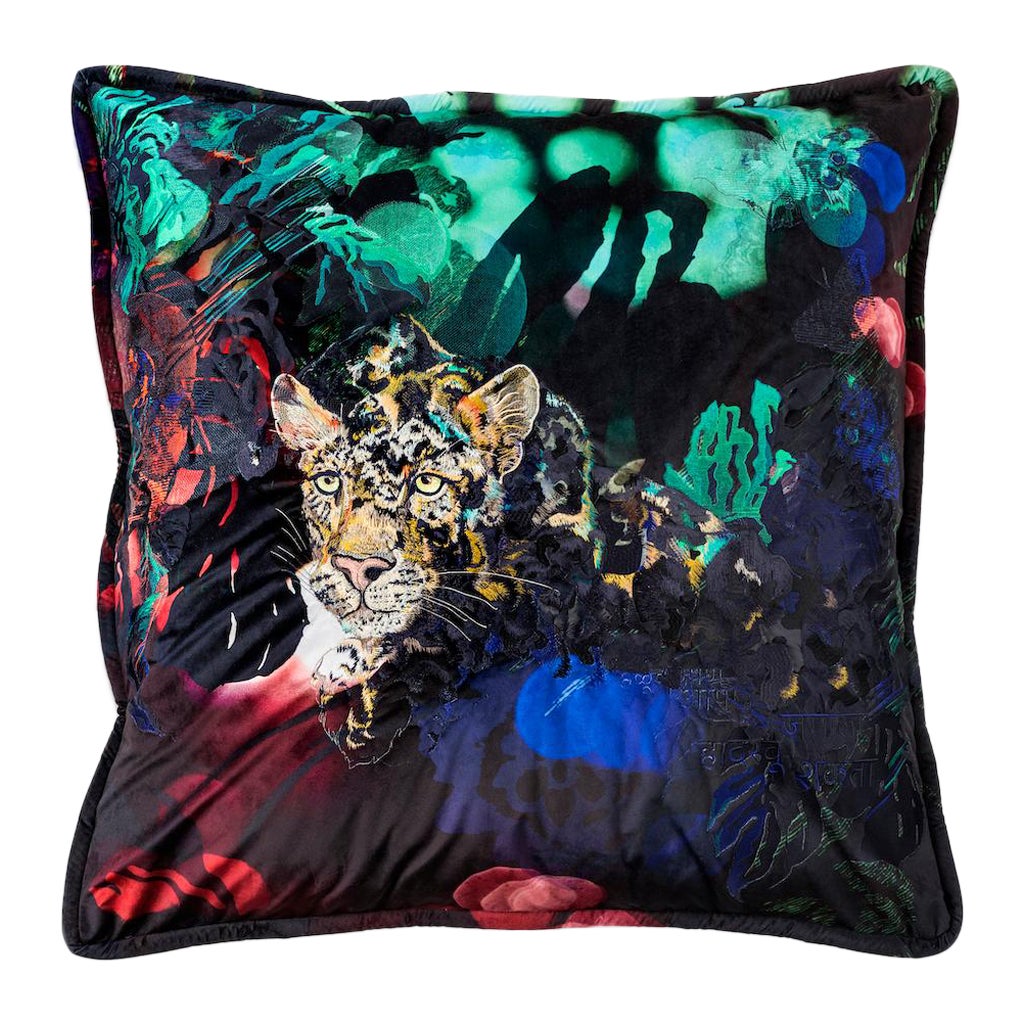 Hand embroidered and digitally printed floor cushion by award-winning artist