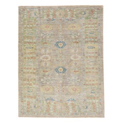 Beige Modern Sultanabad Handmade Wool Rug with Allover Floral Design