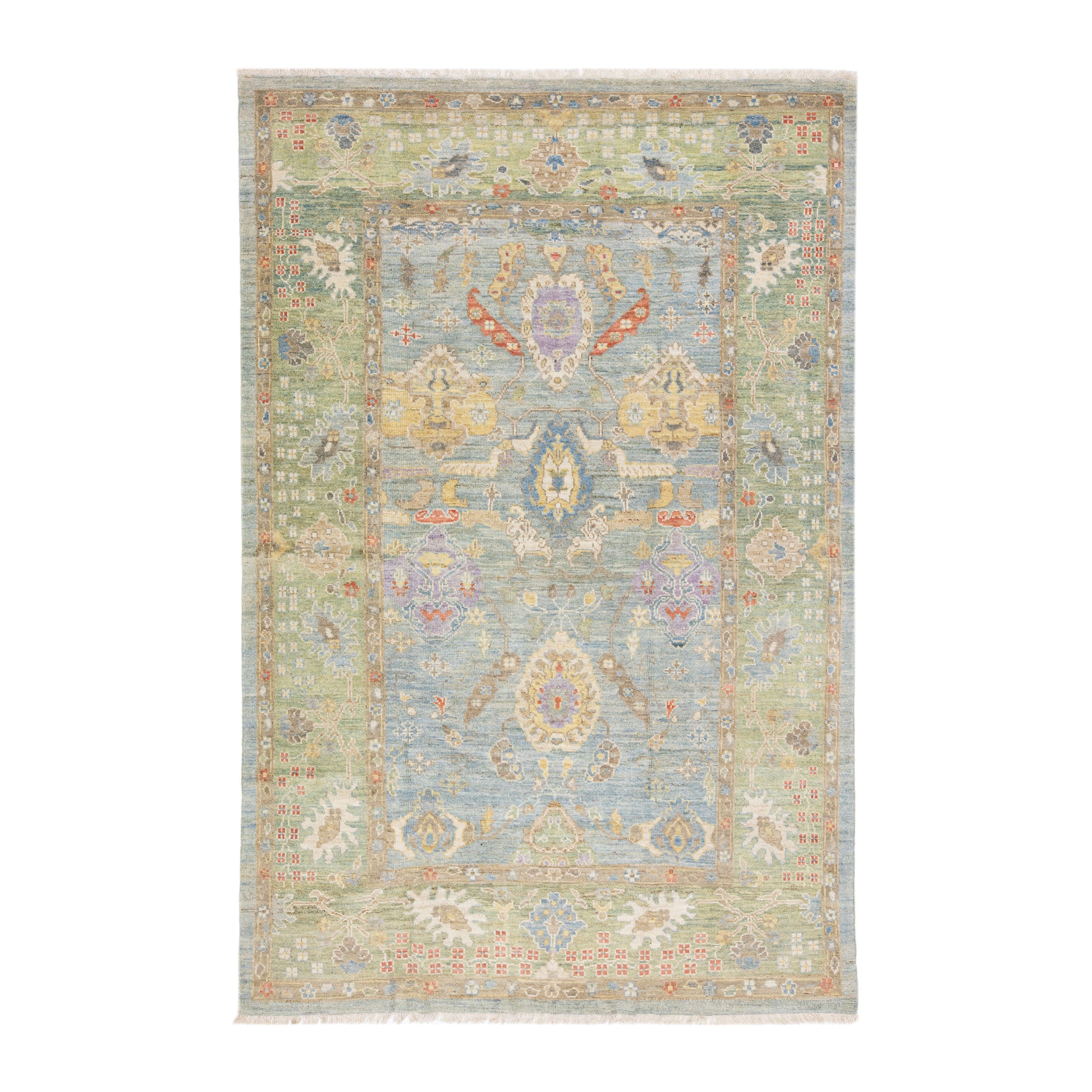 Handmade Modern Oushak Style Blue & Green Wool Rug with Floral Motif