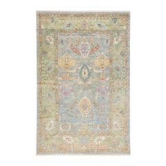 Handmade Modern Oushak Style Blue & Green Wool Rug with Floral Motif