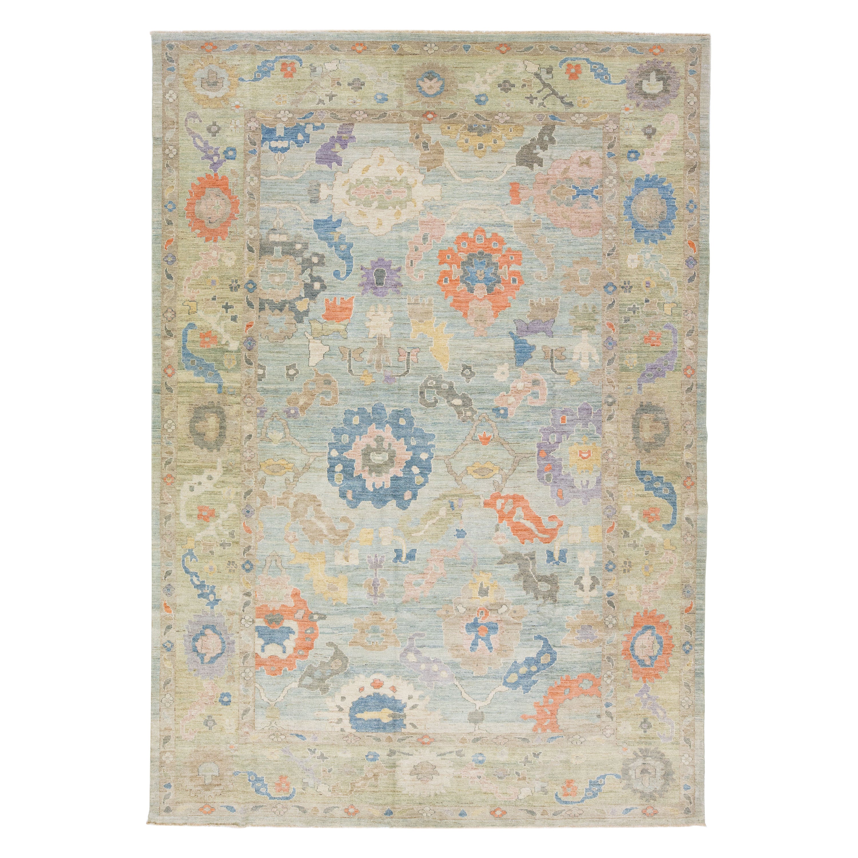 Modern Floral Sultanabad Handmade Wool Rug with Blue Field For Sale