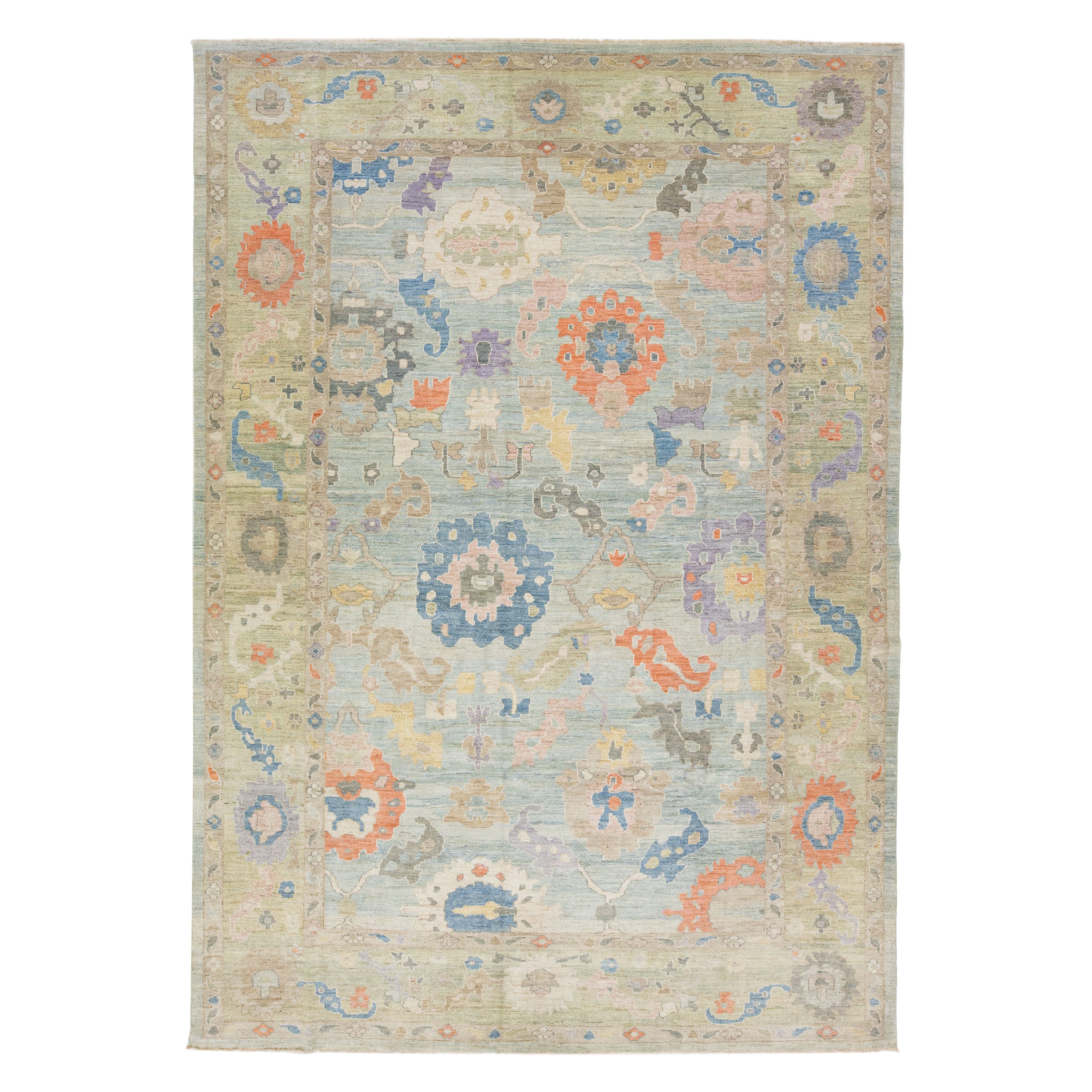 Alfombra floral moderna de lana hecha a mano Sultanabad Rugs con campo azul