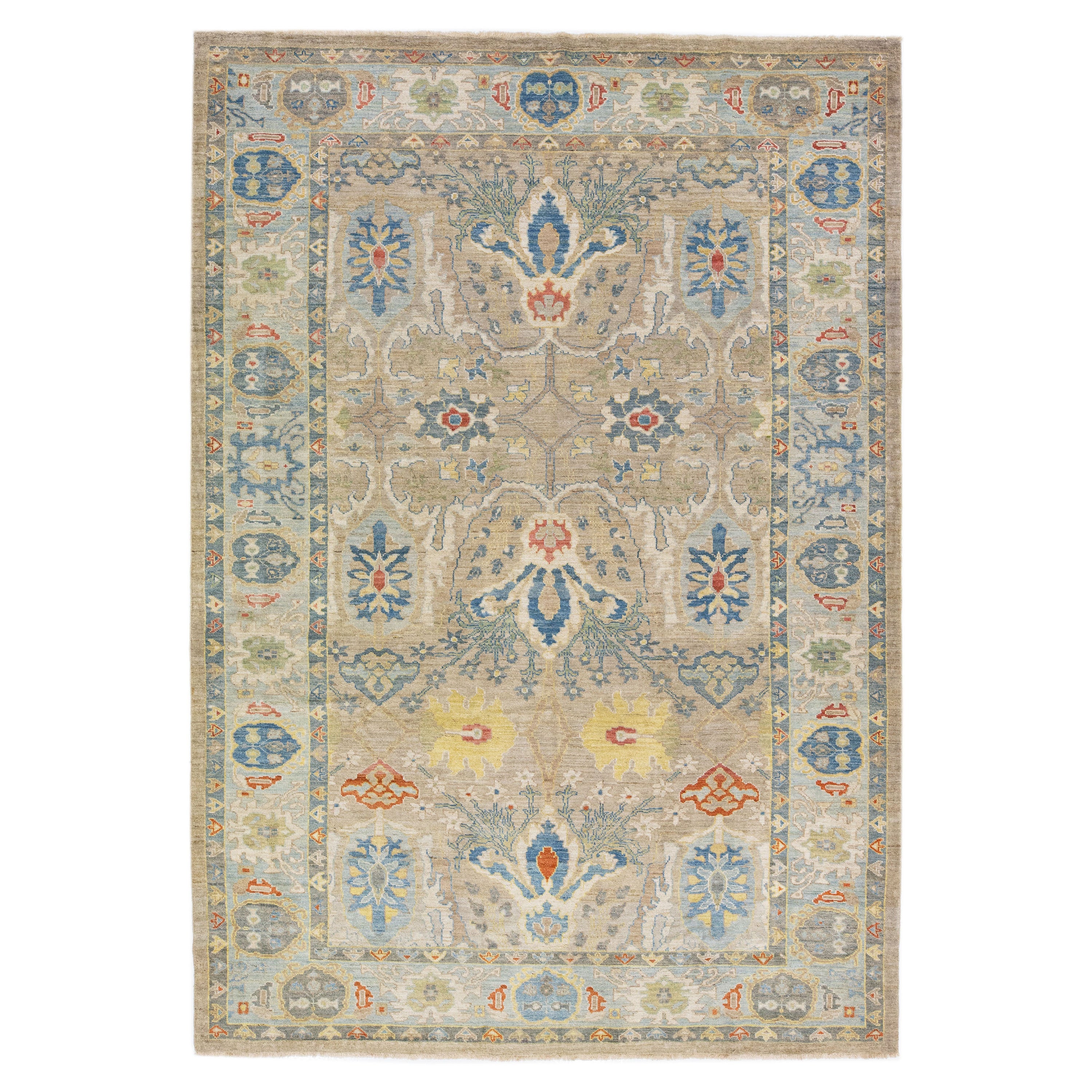 Tan Modern Sultanabad Handmade Persian Wool Rug with Floral Pattern