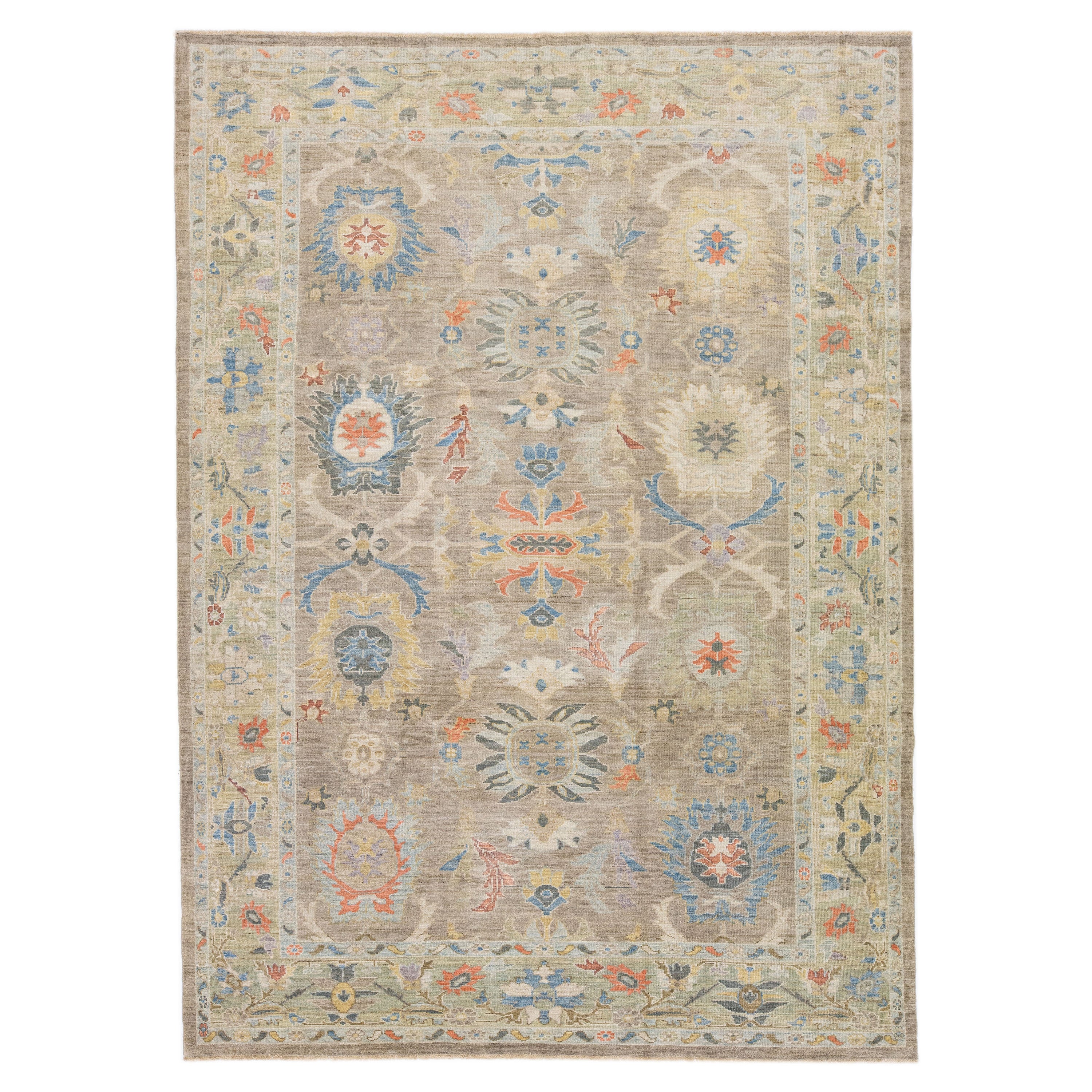 Modern Sultanabad Handmade Floral Wool Rug in Brown For Sale