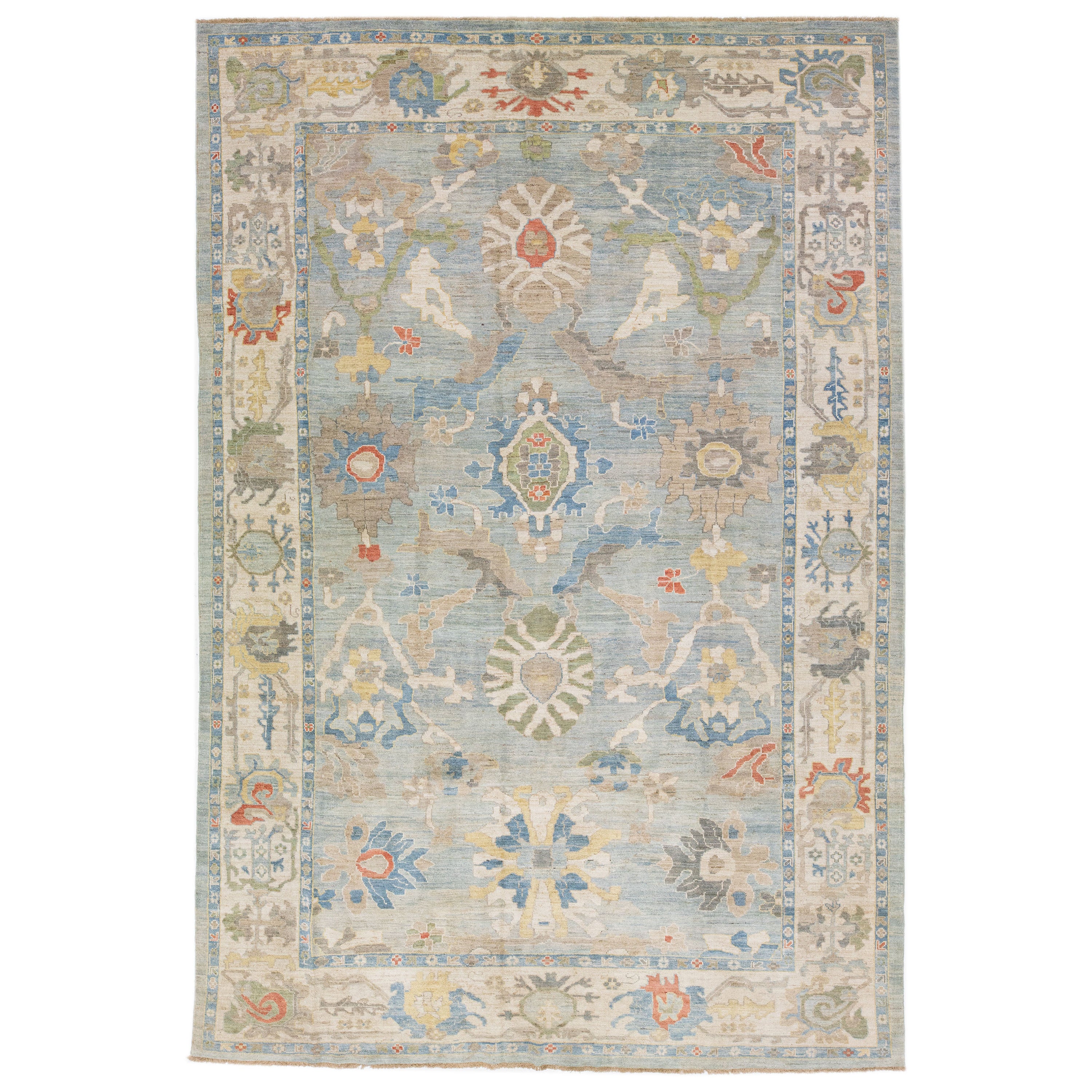 Modern Persian Sultanabad Handmade Wool Rug in Blue with Allover Motif For Sale