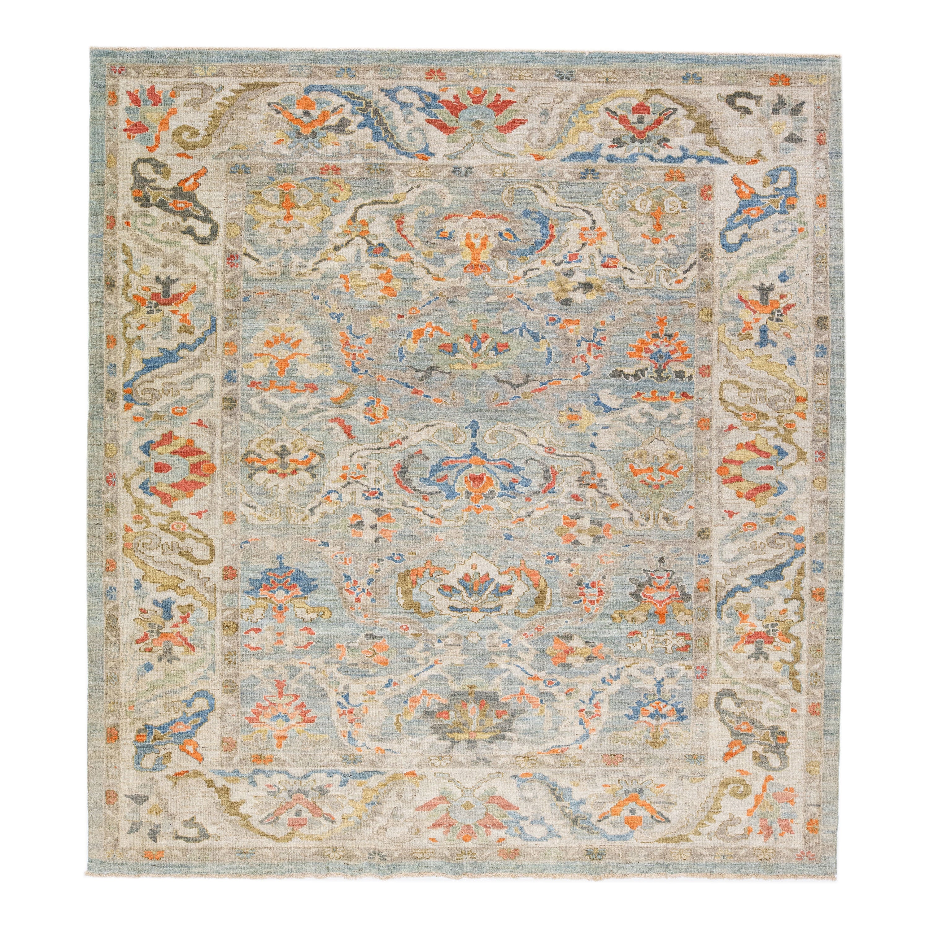 Handgefertigtes Modernes Quadrat  Sultanabad-Wollteppich in Blau mit geblümtem Design