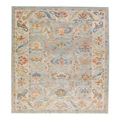 Handmade Modern Square Sultanabad Wool Rug in Blue with Floral Design