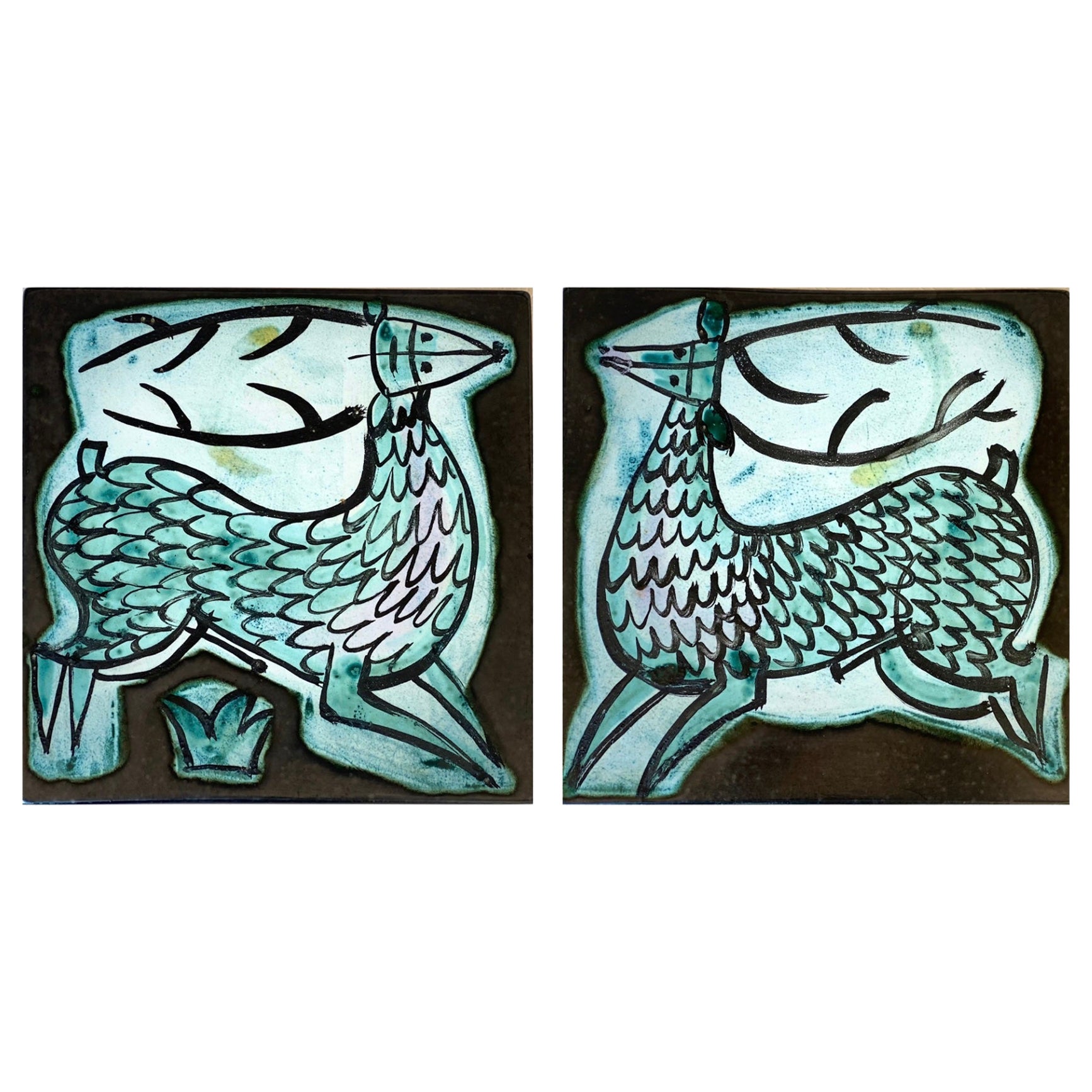 Georges Jouve Pair of "Deers" Ceramic Plates, 1950s For Sale