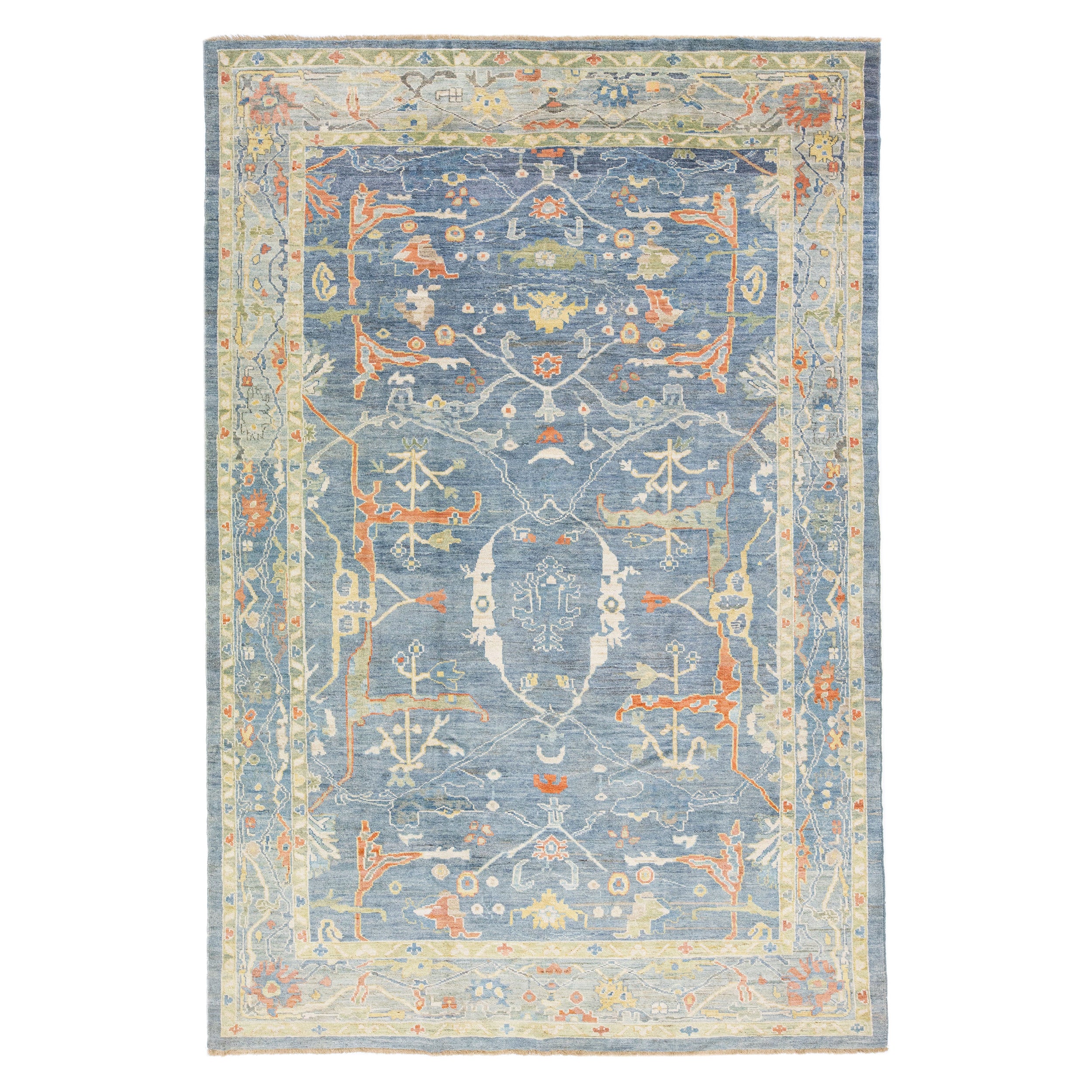 Blue Modern Sultanabad Handmade Wool Rug with Allover Motif For Sale