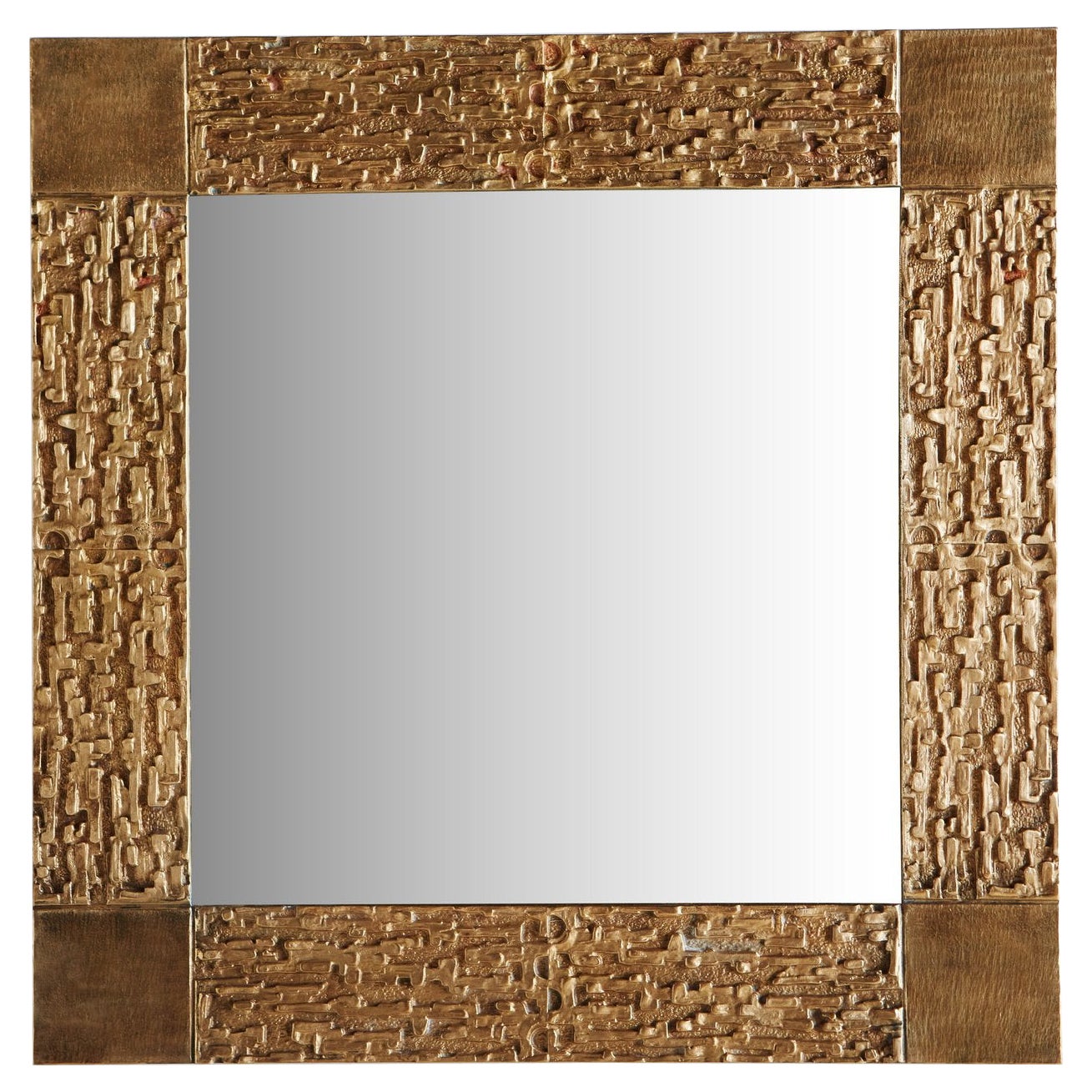 Brutalist Square Brass Frame Mirror Attributed to Luciano Frigerio, Italy 1970s For Sale