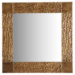 Brutalist Square Brass Frame Mirror Attributed to Luciano Frigerio, Italy 1970s