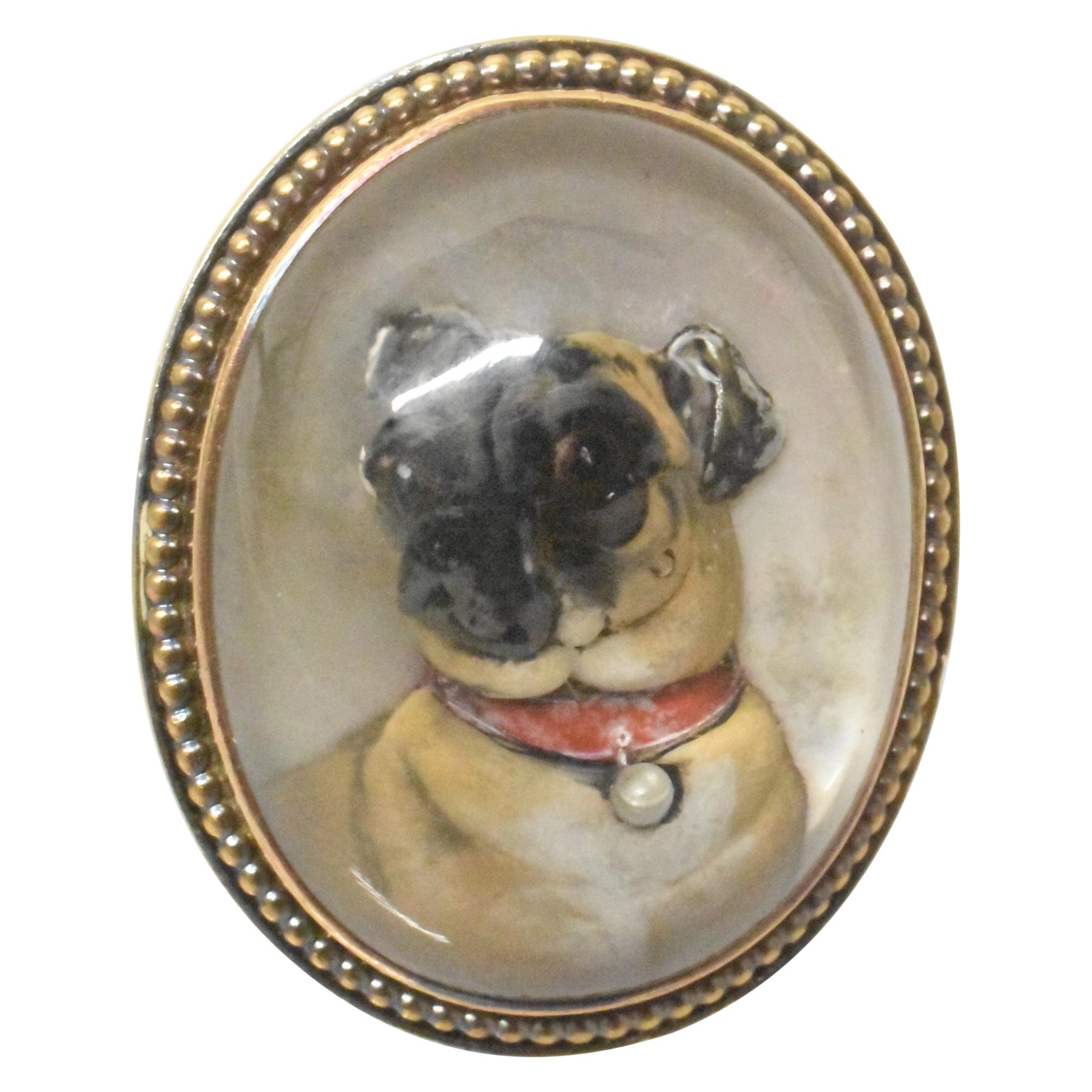 Victorian Essex Crystal Intaglio Reverse Painted Pug Ring 10K For Sale