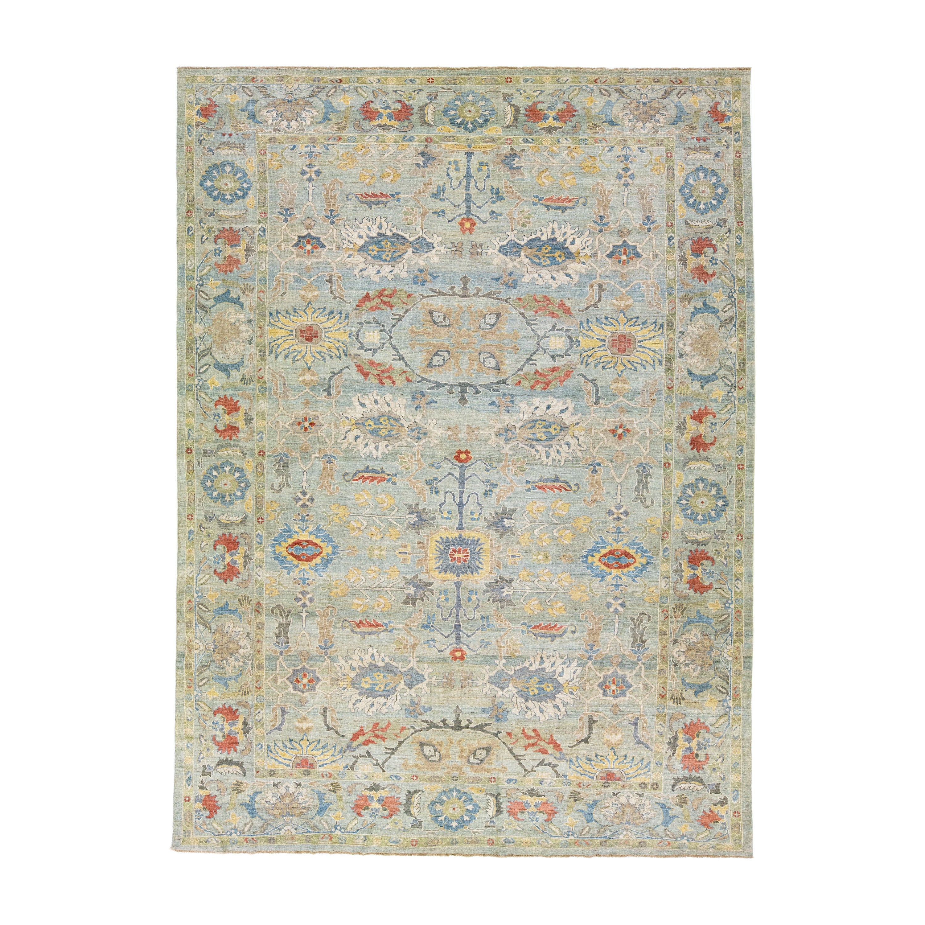Green Handmade Modern Sultanabad Oversize Wool Rug with Multicolor Floral Design For Sale