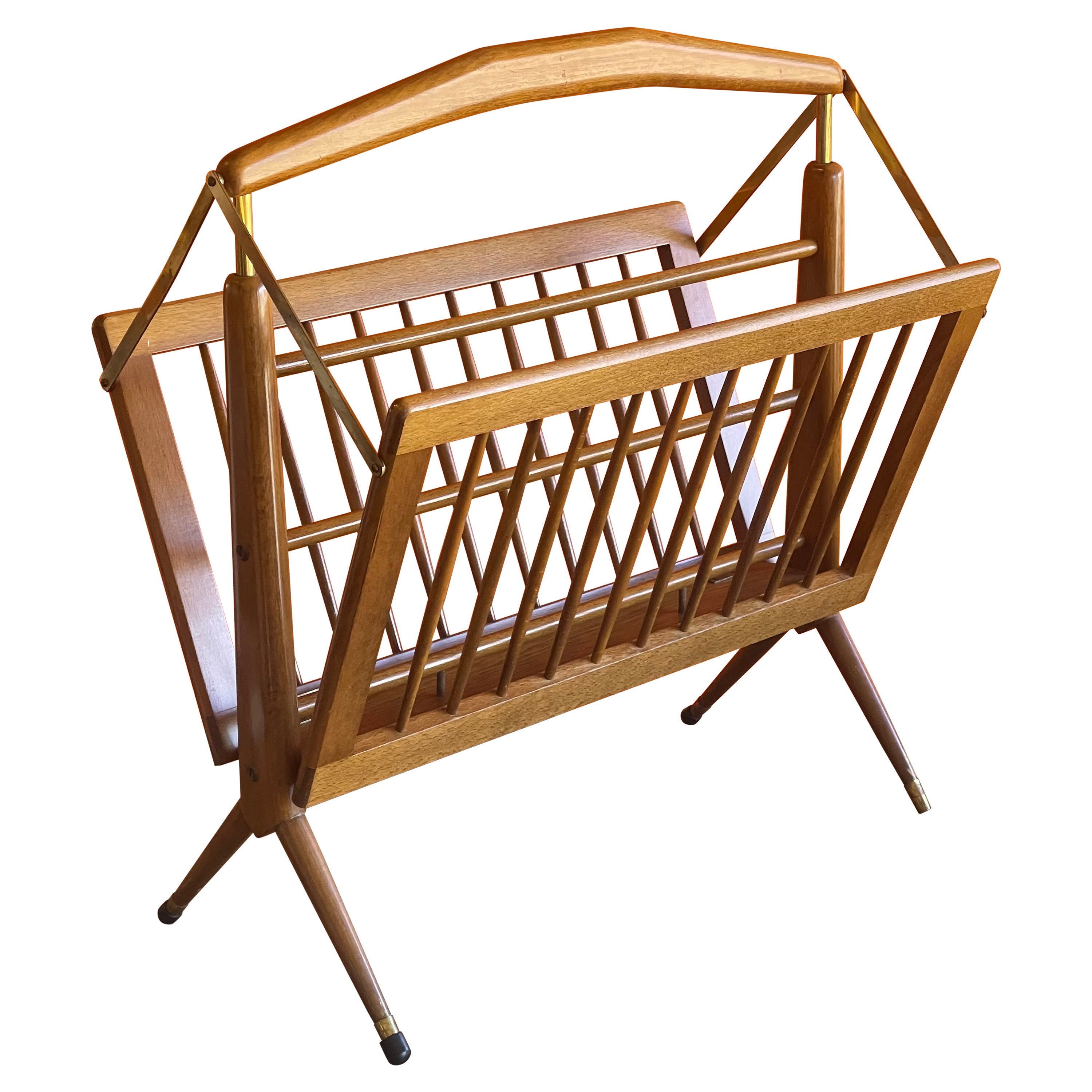 Mid-Century Modern Italian Solid Walnut & Brass Magazine Rack by Cesare Lacca For Sale