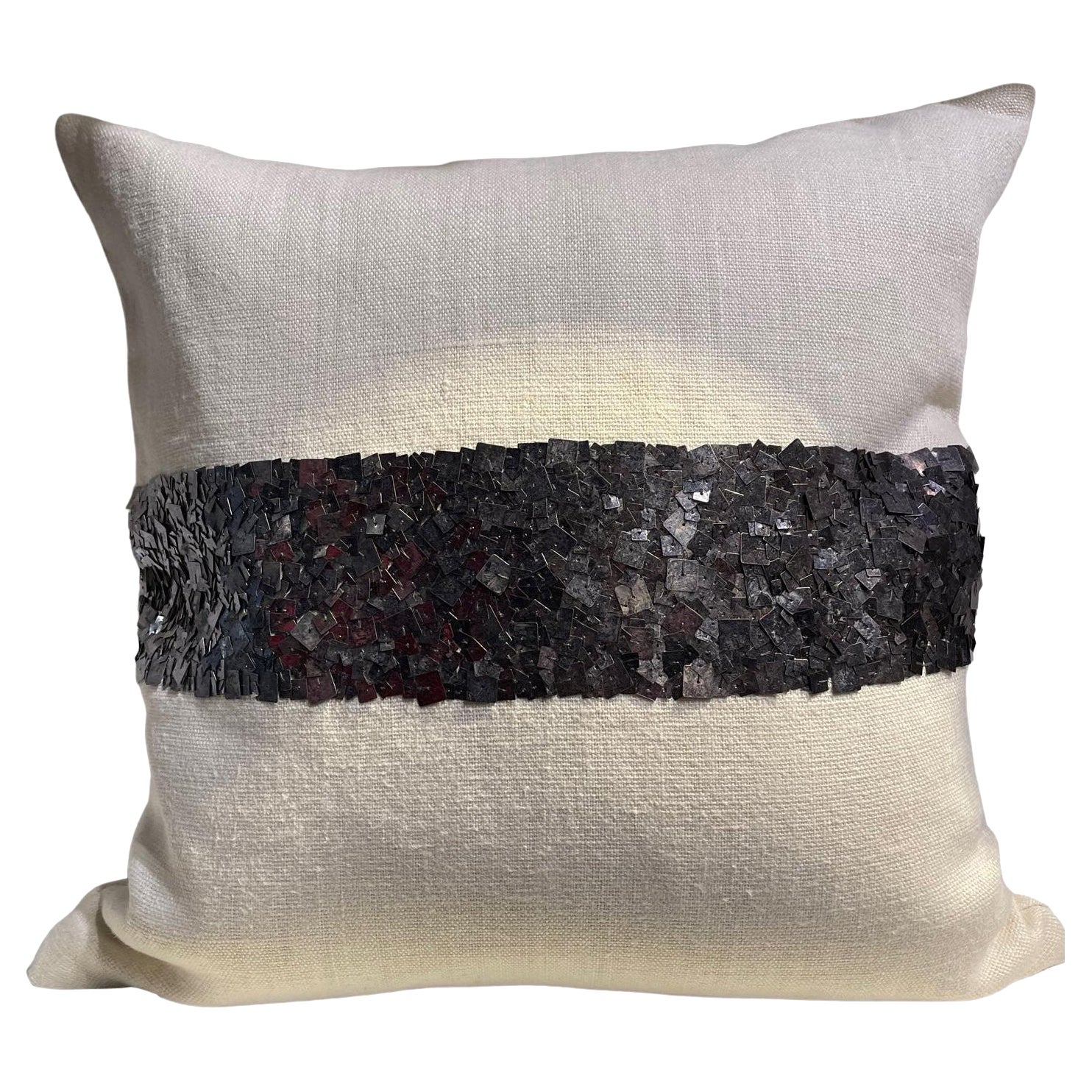 Linen Cushion Hand Embroidered with Dark Silver Metal Sequins For Sale