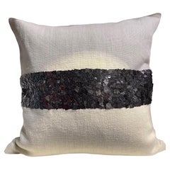 Linen Cushion Hand Embroidered with Dark Silver Metal Sequins