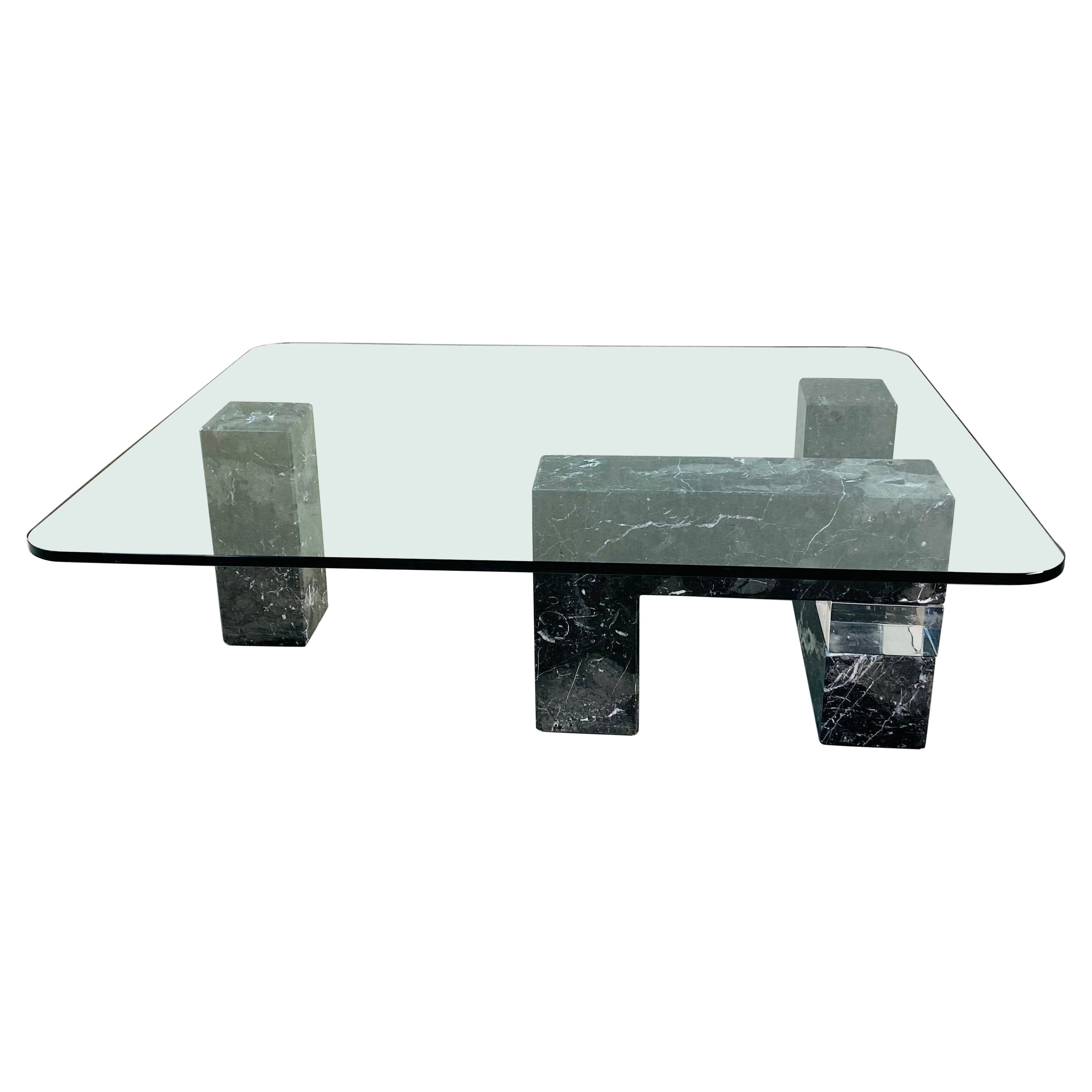 Solid Black Marble Coffee Table with Glass Top, Italy 1980s