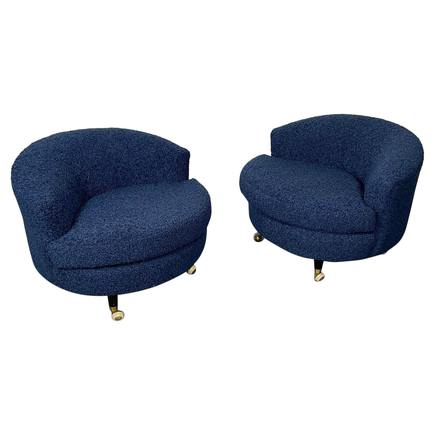 Pair of Mid-Century Rolling Swivel Lounge / Slipper Chairs, Baughman Style For Sale