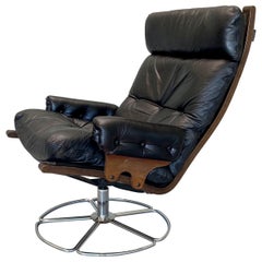 Swiffle Base Leather Lounge Chair by Bruno Mathsson for DUX, Sweden, 1970s