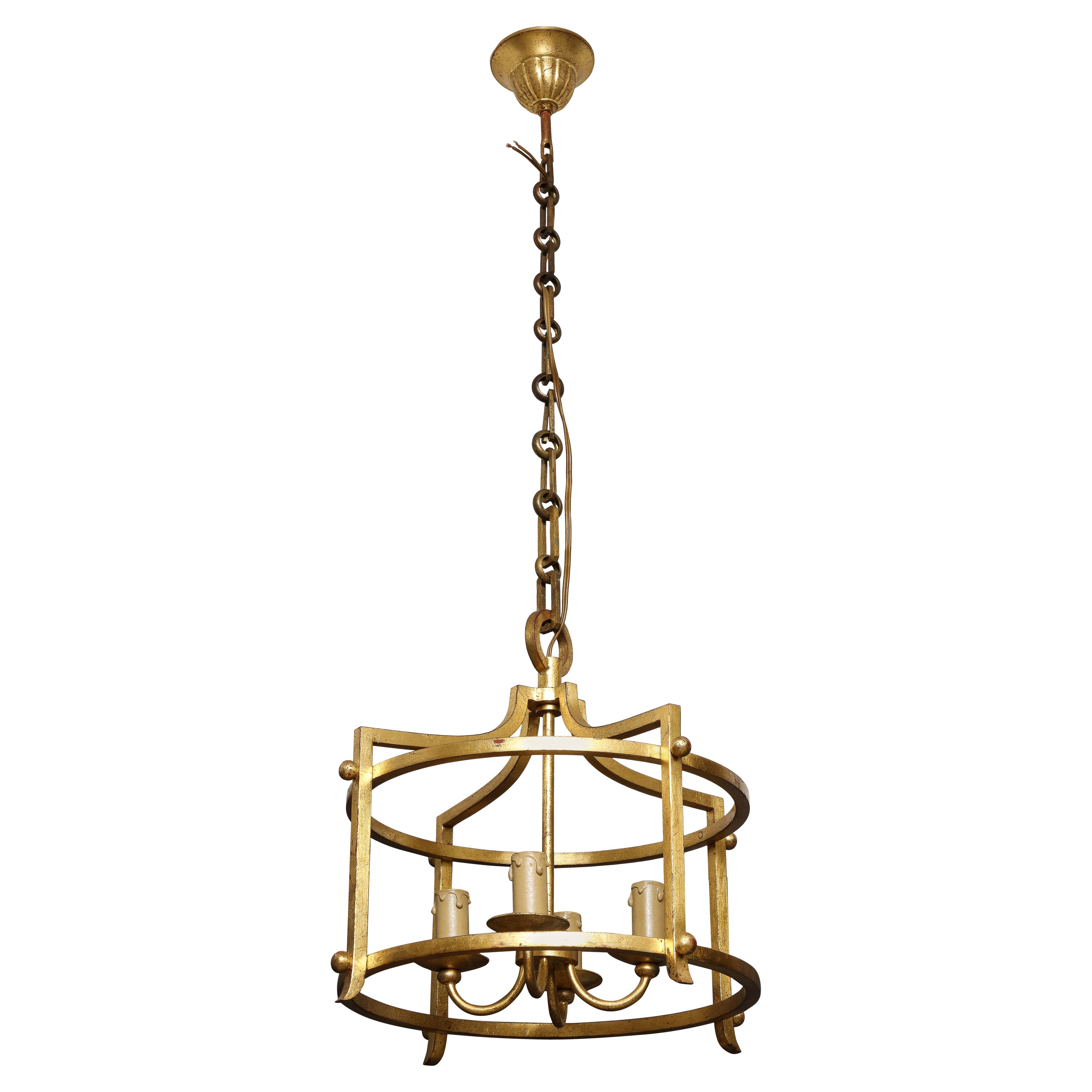 Rare "Fer Battu" Gold Leaf Chandelier by Henri Pouenat, France, 1960s For Sale