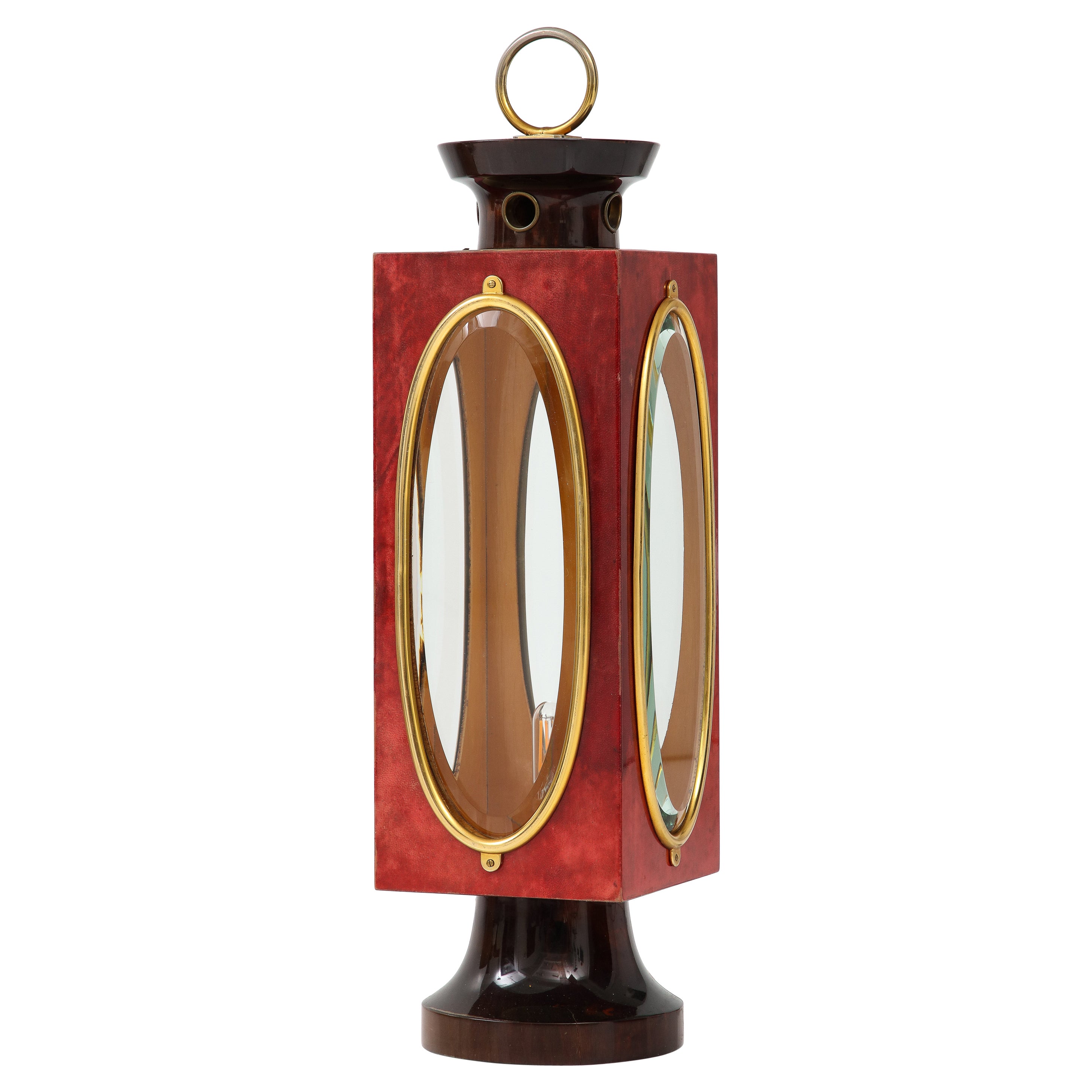 Signed Red Velum and Lacquered Wood Table Lantern Lamp, Aldo Tura, Italy, 1970s For Sale