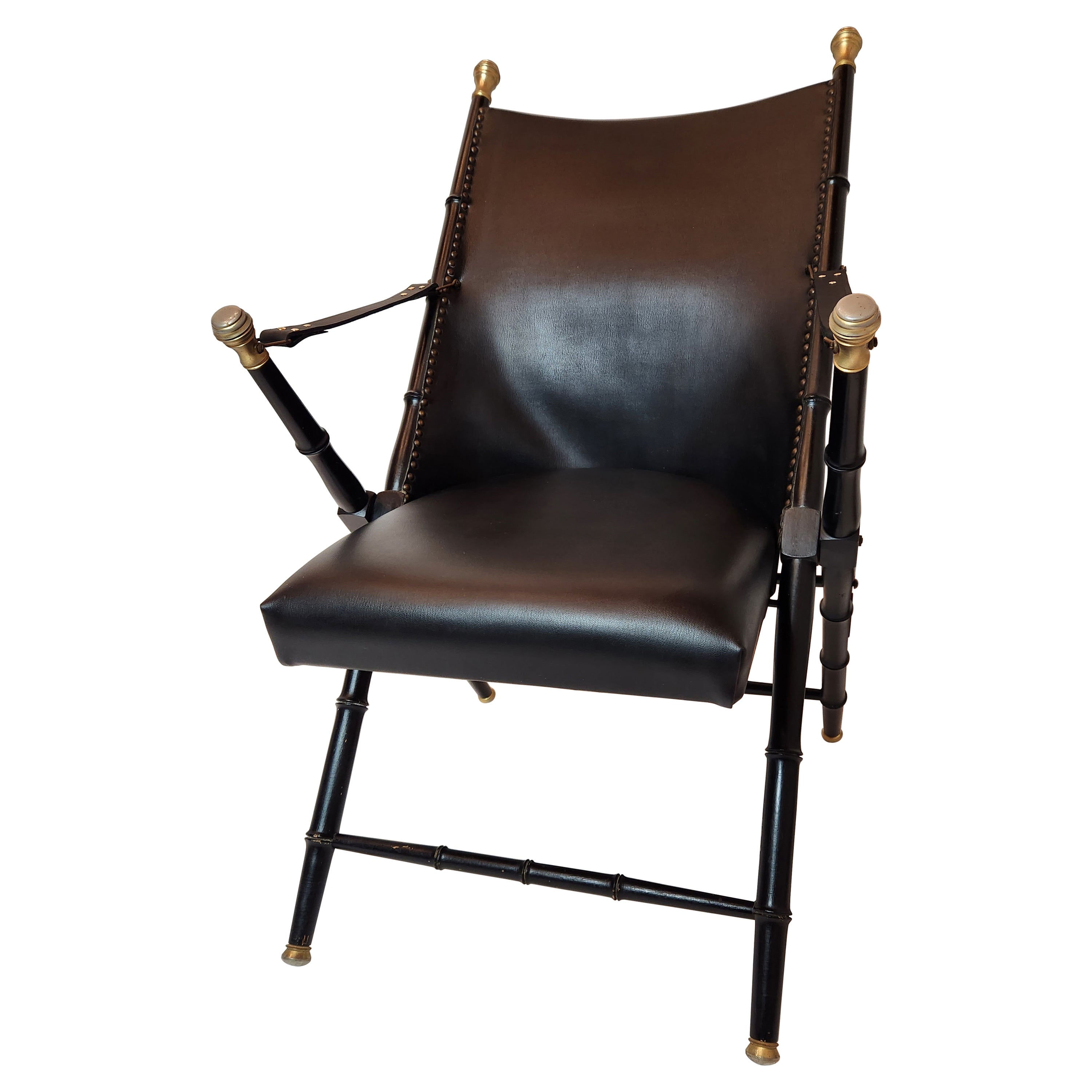 Classic Italian Folding Campaign Chair in Black Leather, C. 1965 For Sale