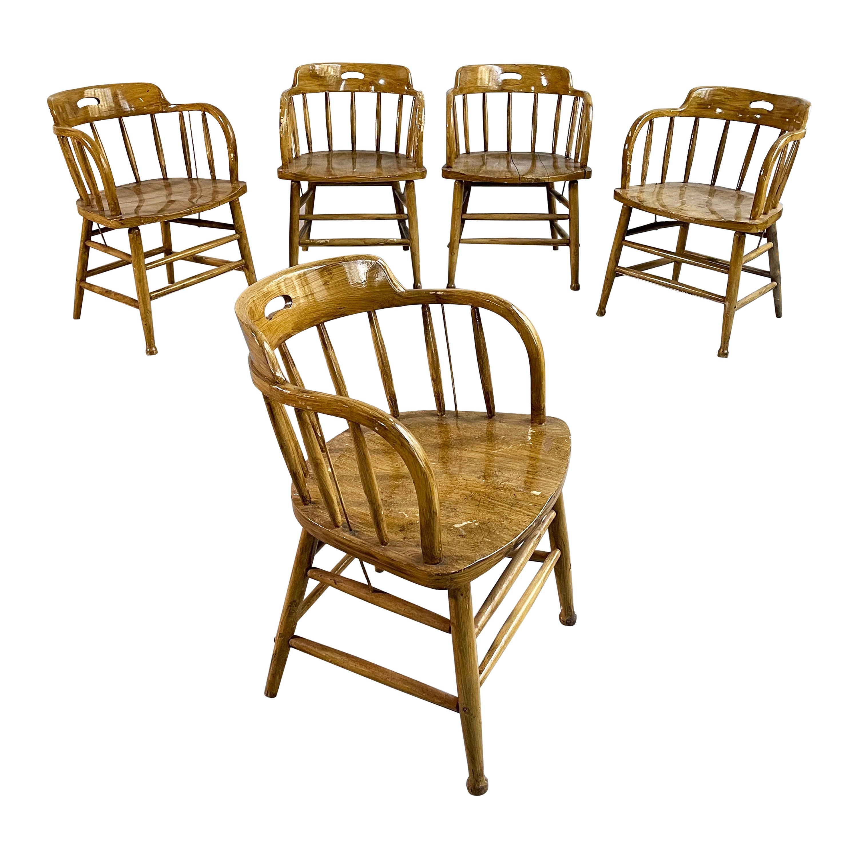 Early 20th Century, Rustic Oak Firehouse Dining Chairs