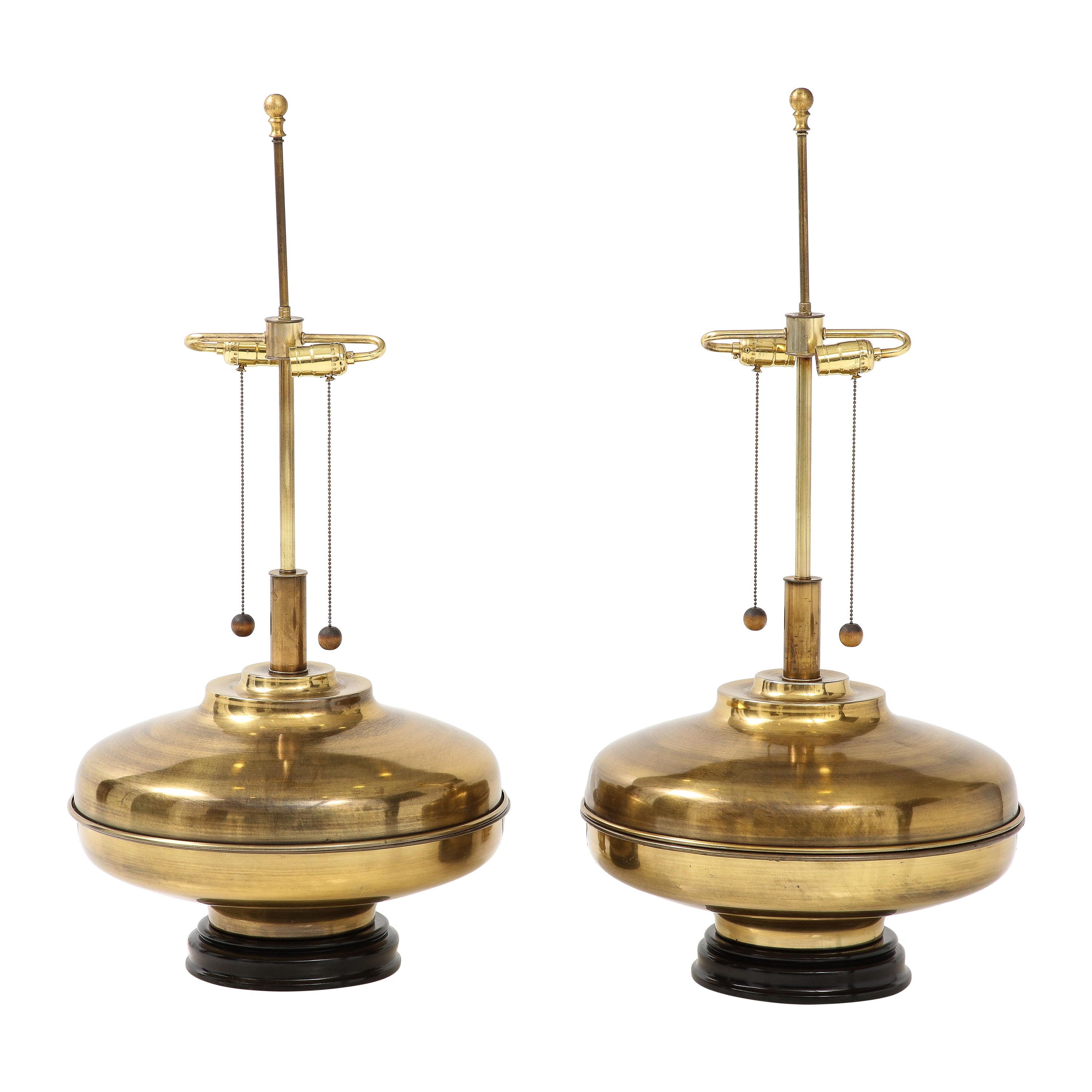 1970's Modern Oversized Brass Table Lamps with Wood Lacquer Base For Sale