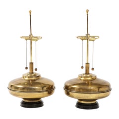 Retro 1970's Modern Oversized Brass Table Lamps with Wood Lacquer Base