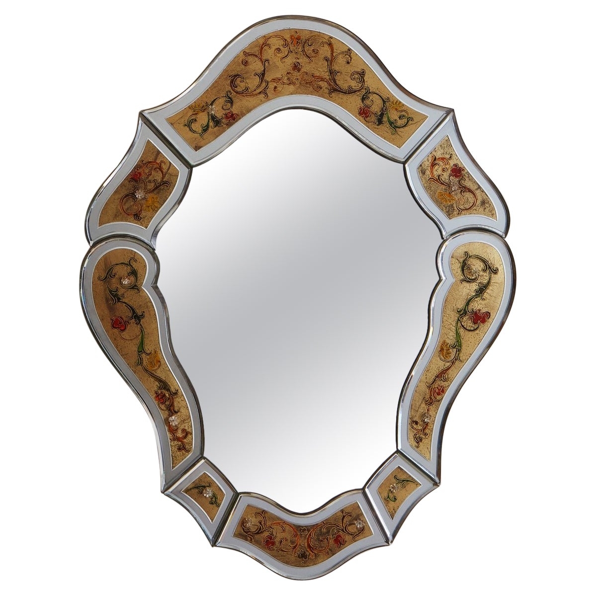 Eglomisé Venetian Mirror with Floral Details, Italy, 20th Century