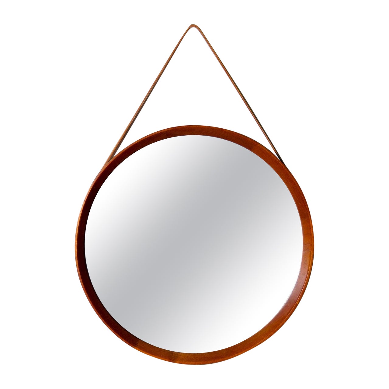Midcentury Modern Round Mirror in Leather & Teak by Glas & Trä Hovmantorp Sweden For Sale