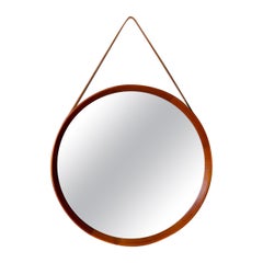 Midcentury Modern Round Mirror in Leather & Teak by Glas & Trä Hovmantorp Sweden