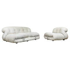 Soriana sofa and lounge chair in original white corduroy by Afra & Tobia Scarpa 