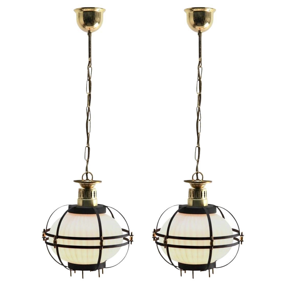 Pair of Midcentury Pendant Lobby Light Forget Metal and Opaline Lampshade For Sale