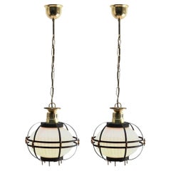 Pair of Midcentury Pendant Lobby Light Forget Metal and Opaline Lampshade