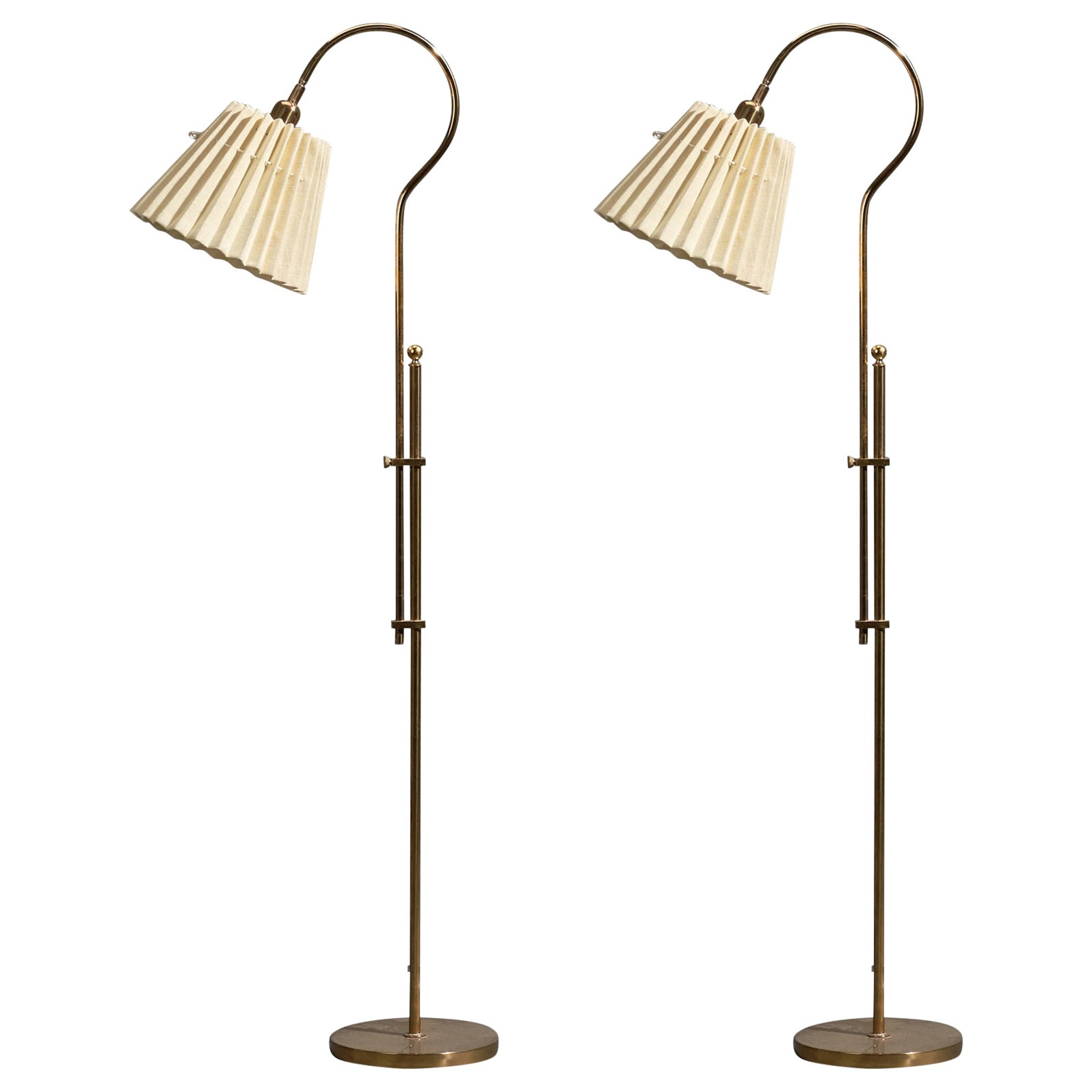 Bergboms, Adjustable Floor Lamps, Brass, Fabric, Sweden, 1970s