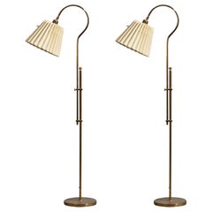 Bergboms, Adjustable Floor Lamps, Brass, Fabric, Sweden, 1970s