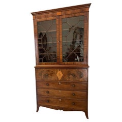 Superb Quality Antique George III Mahogany Inlaid Secretaire Glazed Bookcase