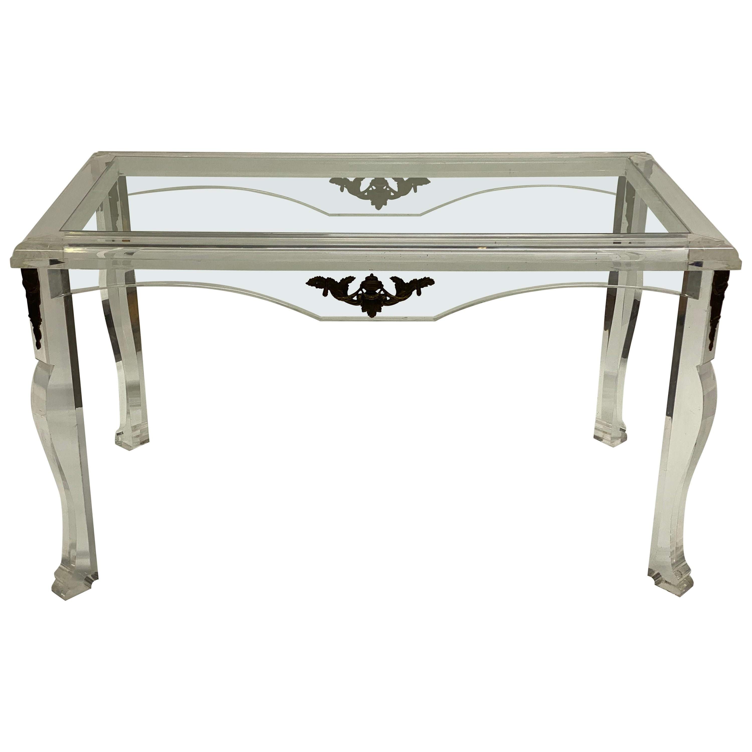 Custom Post Modern Lucite and Glass with Bronze Ormolu Table For Sale