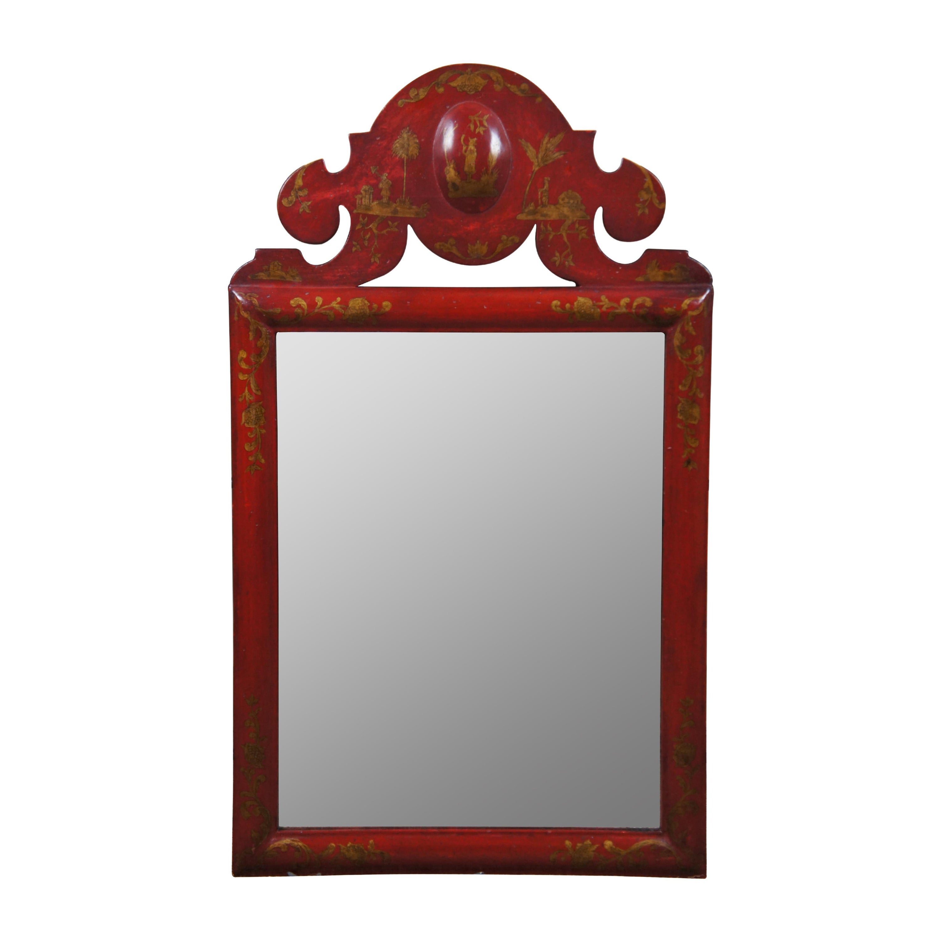 Vintage Chapman English William & Mary Style Scarlet Japanned Chinoiserie Mirror For Sale