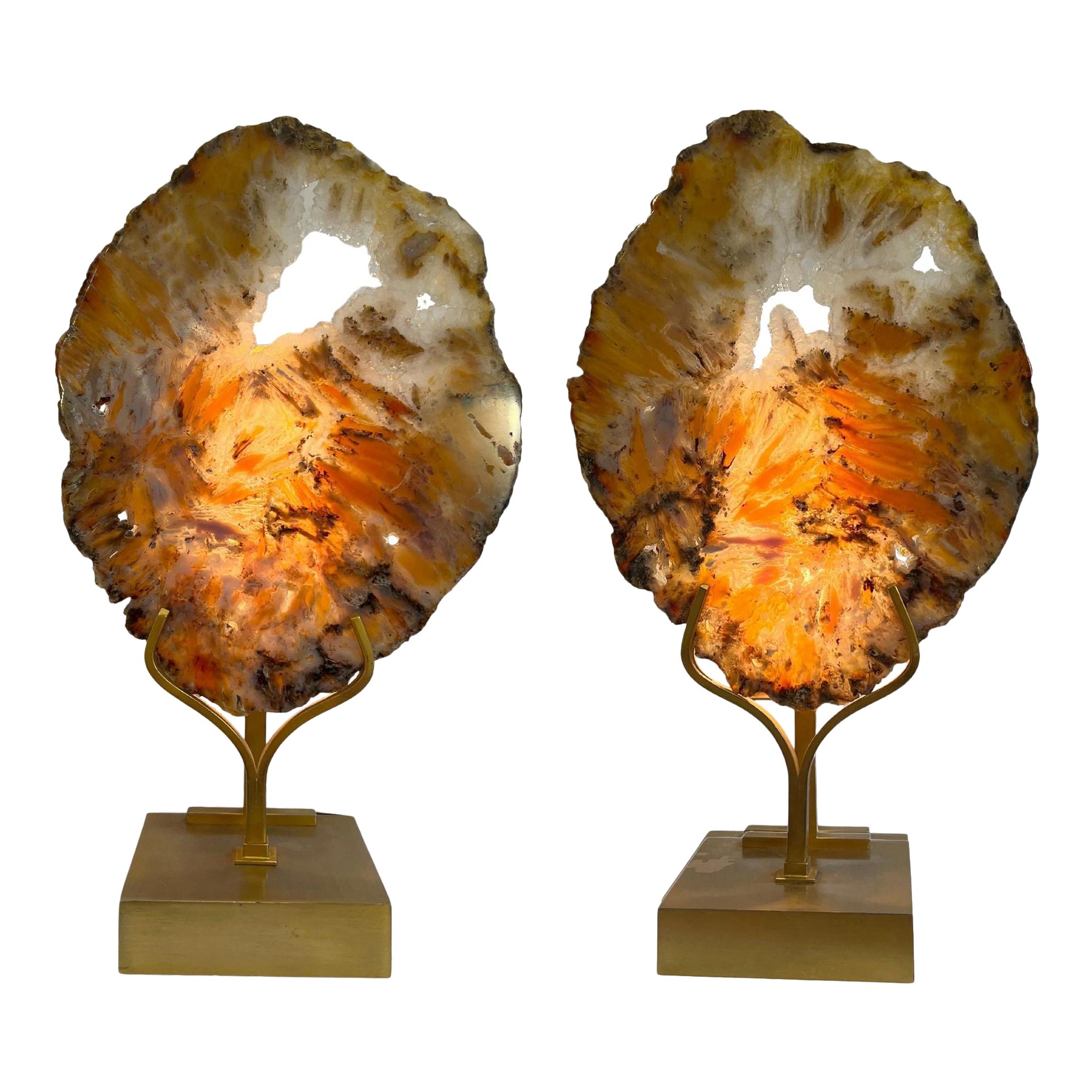 Two 1970 Table Lamps in Agate and Brass by Willy Daro