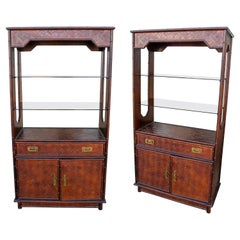 1970s Pair of Wicker and Bamboo Display Cabinets with Metal Handles