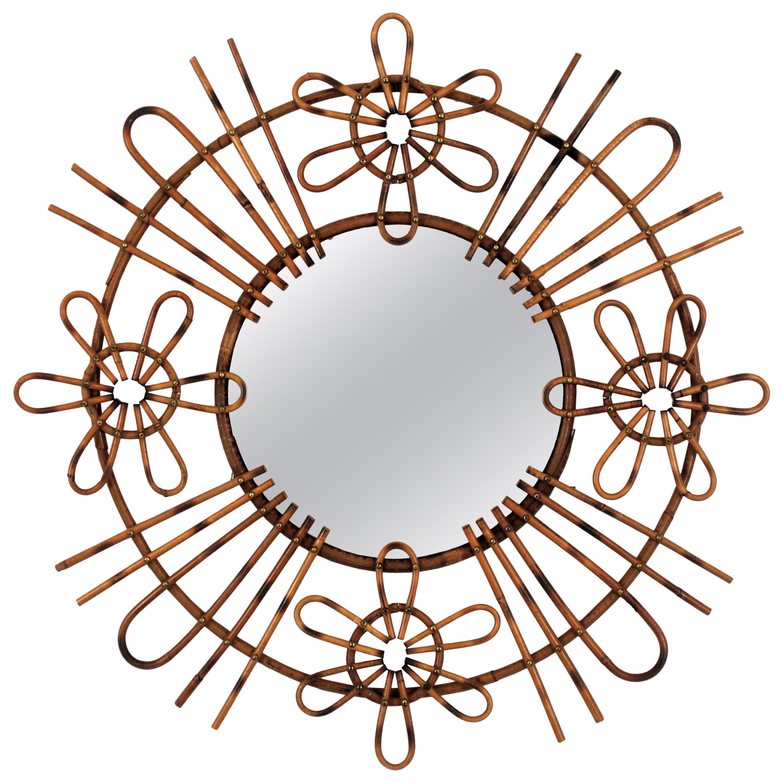 Midcentury Rattan Sunburst Mirror, Spain, 1960s