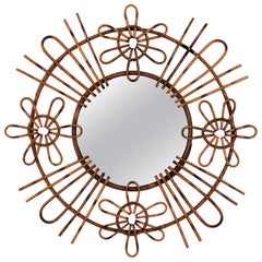 Midcentury Rattan Sunburst Mirror, Spain, 1960s