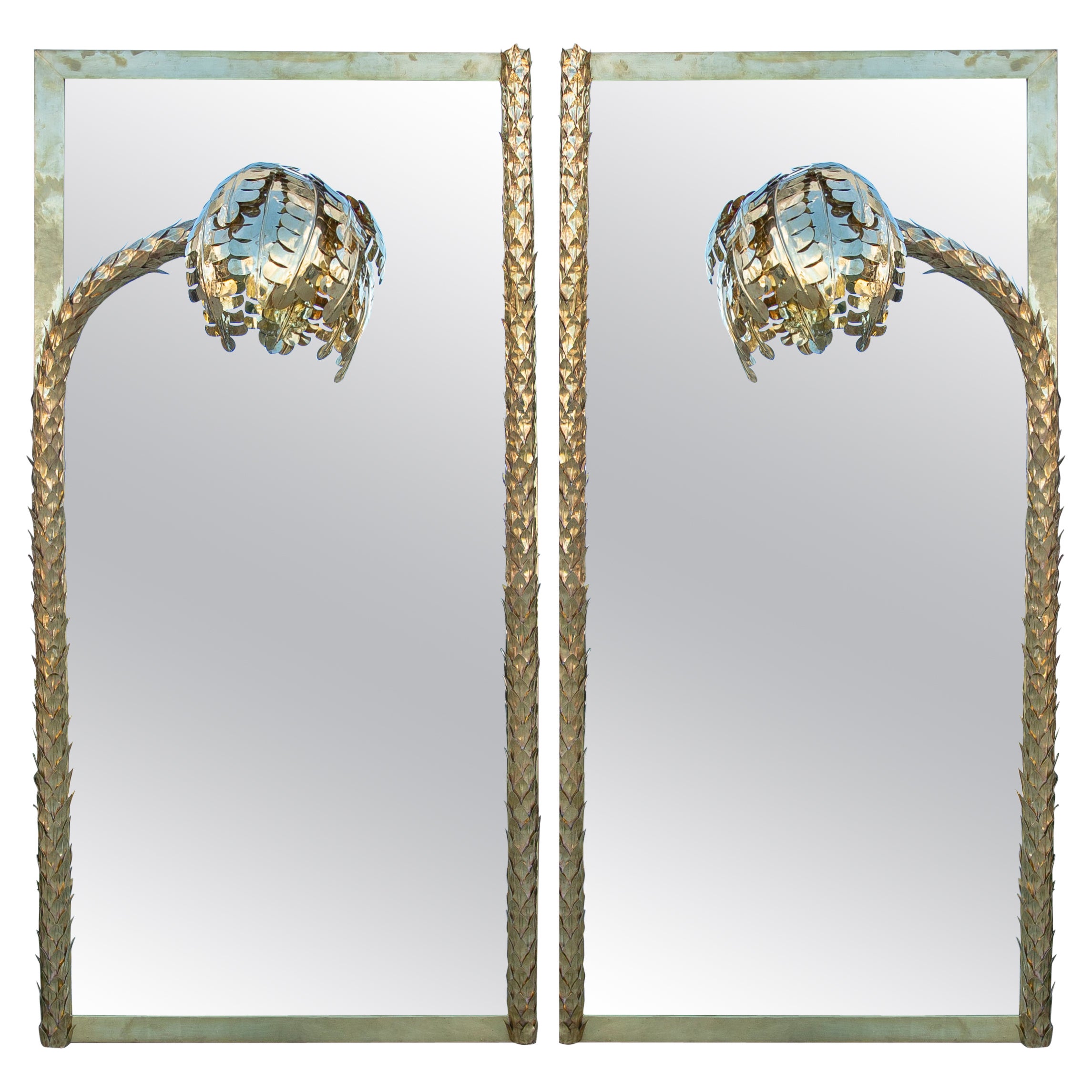 Pair of Brass Wall Mirrors with Palm Tree Decoration in the Middle
