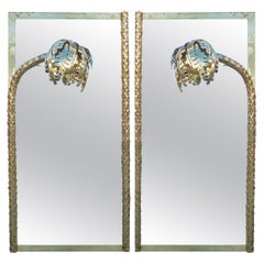 Pair of Brass Wall Mirrors with Palm Tree Decoration in the Middle
