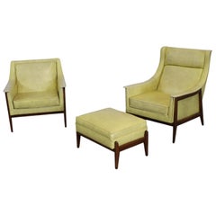 Pair of Mid-Century Modern Walnut Frame His/Her Lounge Chairs with Ottoman