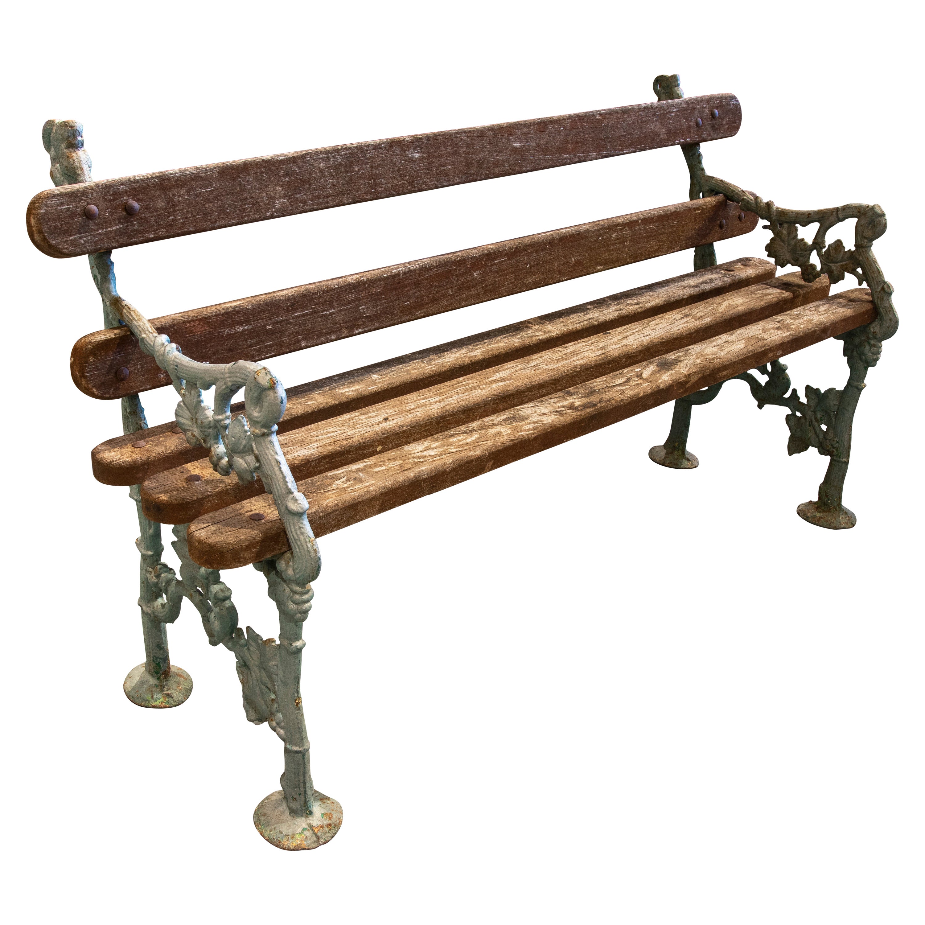 1950s Spanish Garden Bench in Green Painted Iron and Wood For Sale