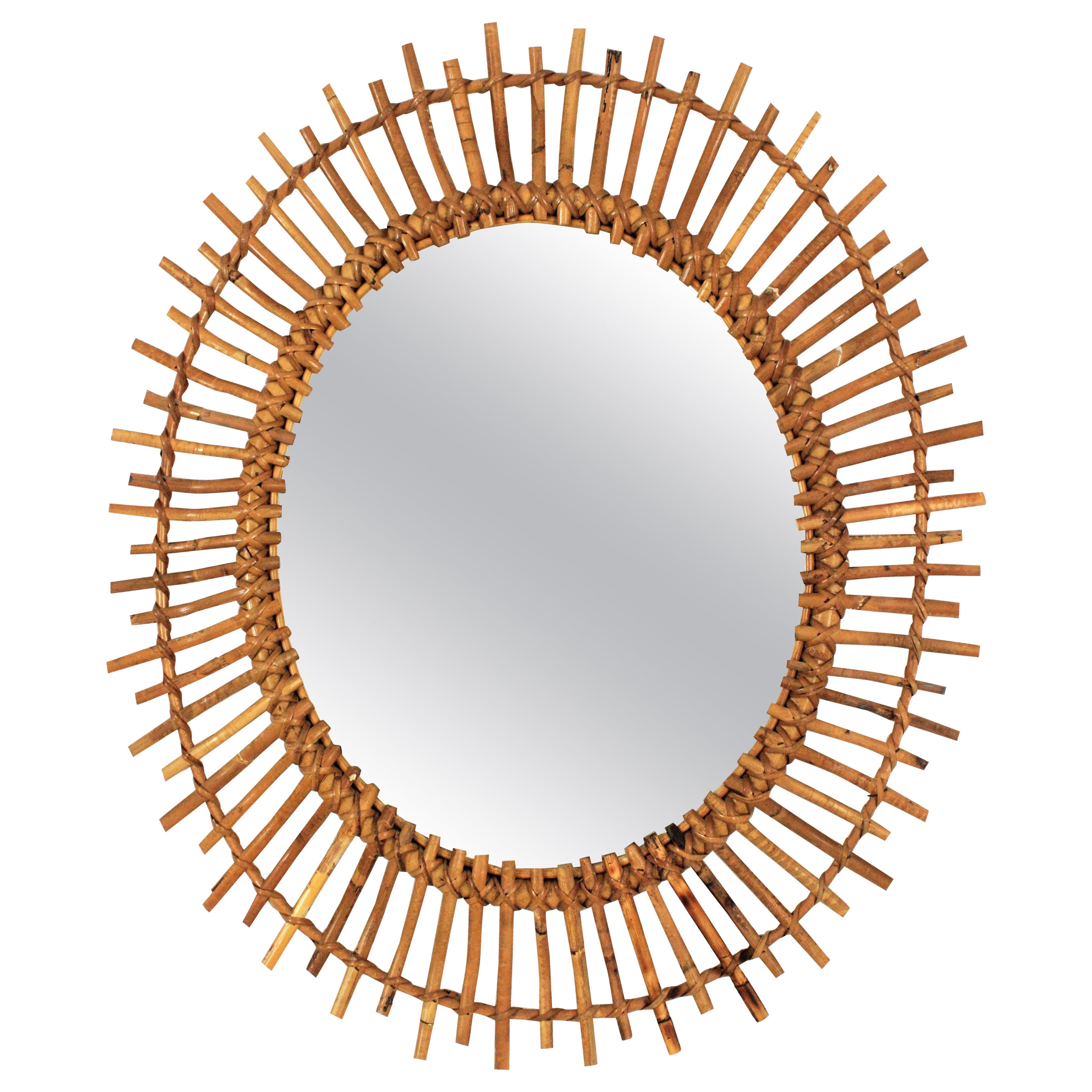 Rattan Bamboo Oval Sunburst Mirror For Sale