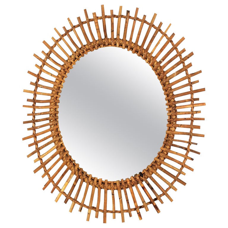 Rattan Bamboo Oval Sunburst Mirror For Sale at 1stDibs
